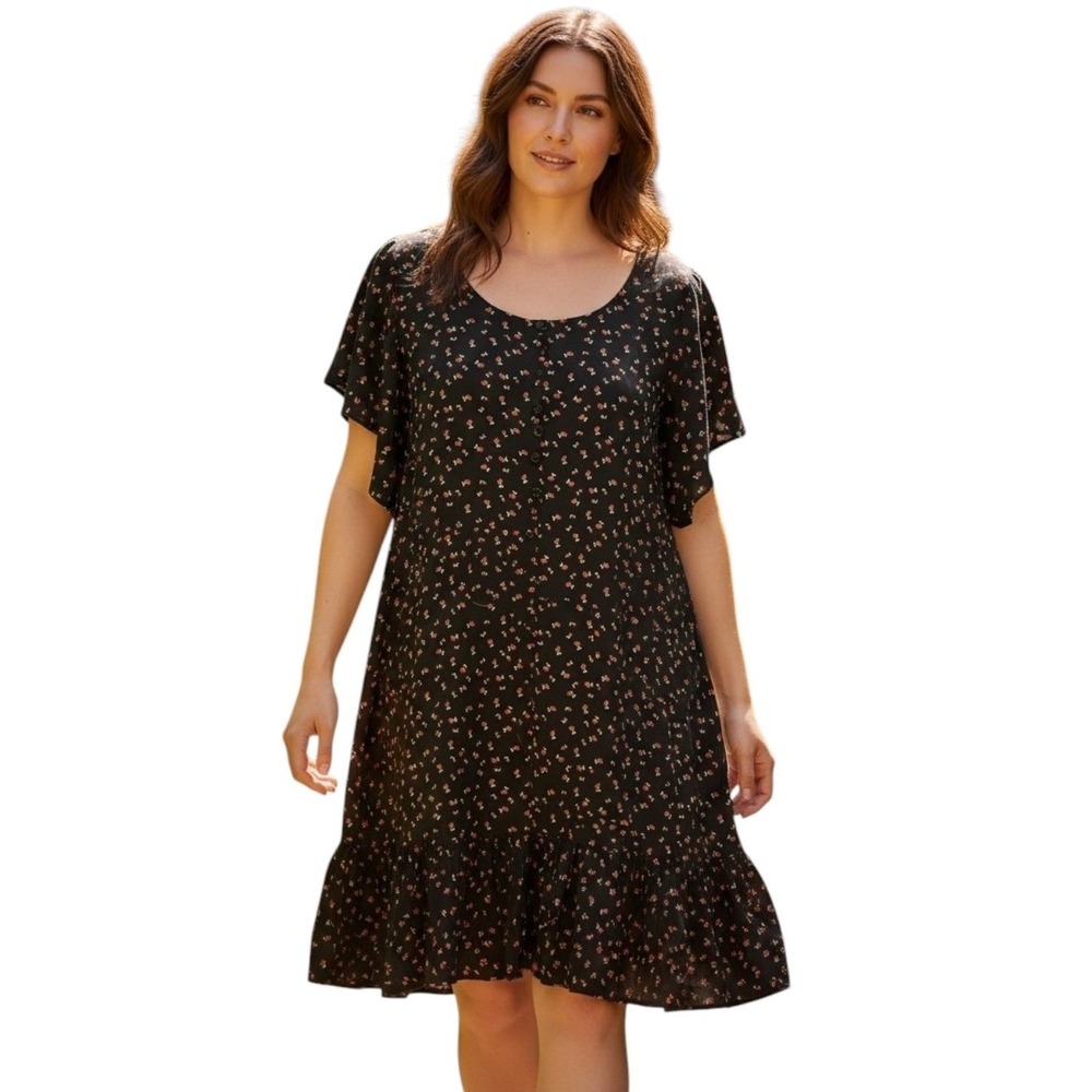 Cherry Print Mini Dress Black Novelty Fruit Ruffle Hem Rayon Shift Plus Size 2X